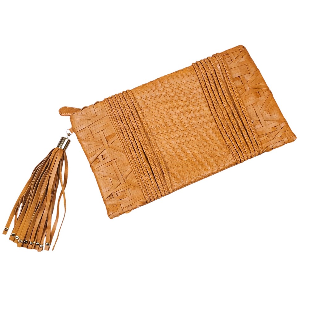 CROWN‎ VINTAGE Woven Clutch Purse Fringe Tassel Accent Zip Closure Boho Handbag